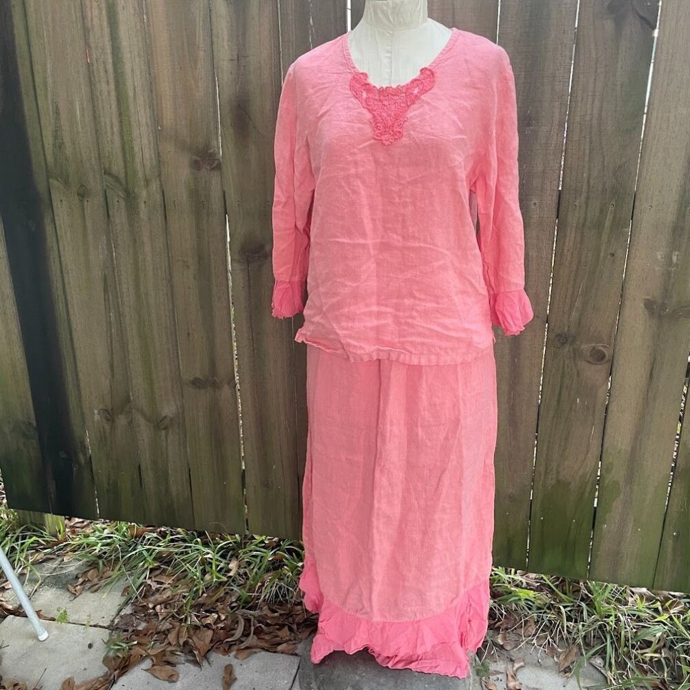 Vintage 90s DONNA Coral LINEN Romantic Top Skirt SET Applique Chiffon Ruffle S